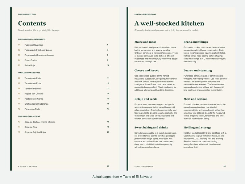 Actual contents and kitchen-notes pages from A Taste of El Salvador.