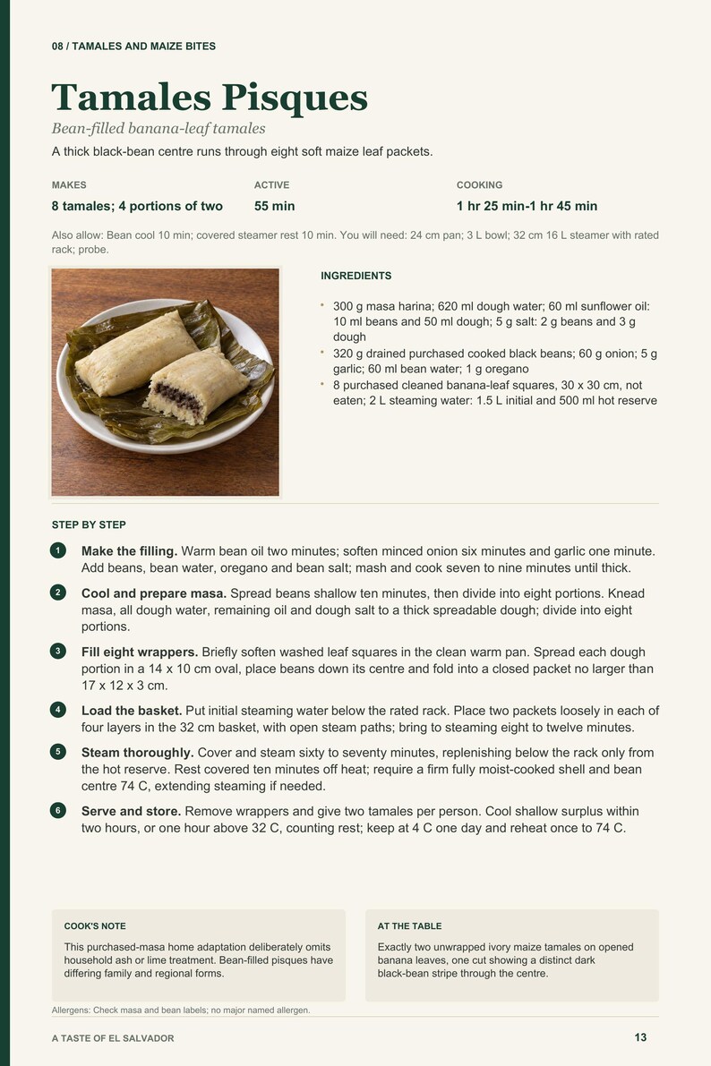 Actual PDF page 13 from A Taste of El Salvador: Tamales Pisques recipe page.
