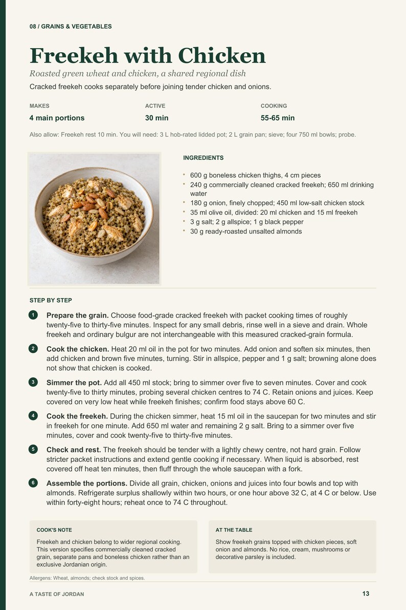 Actual PDF page 13 from A Taste of Jordan: Freekeh with Chicken recipe page.