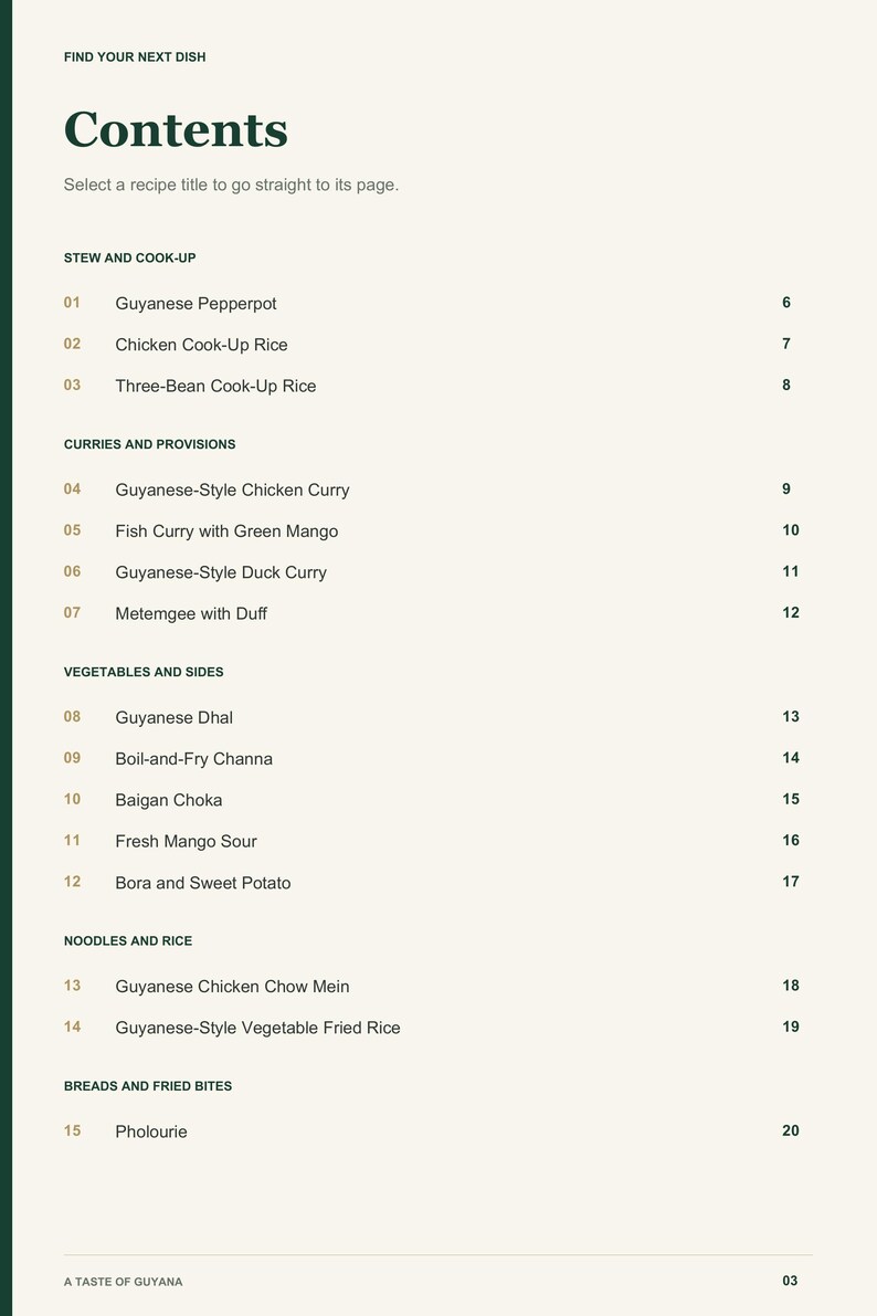 Actual PDF page 3 from A Taste of Guyana: Contents, page 1.