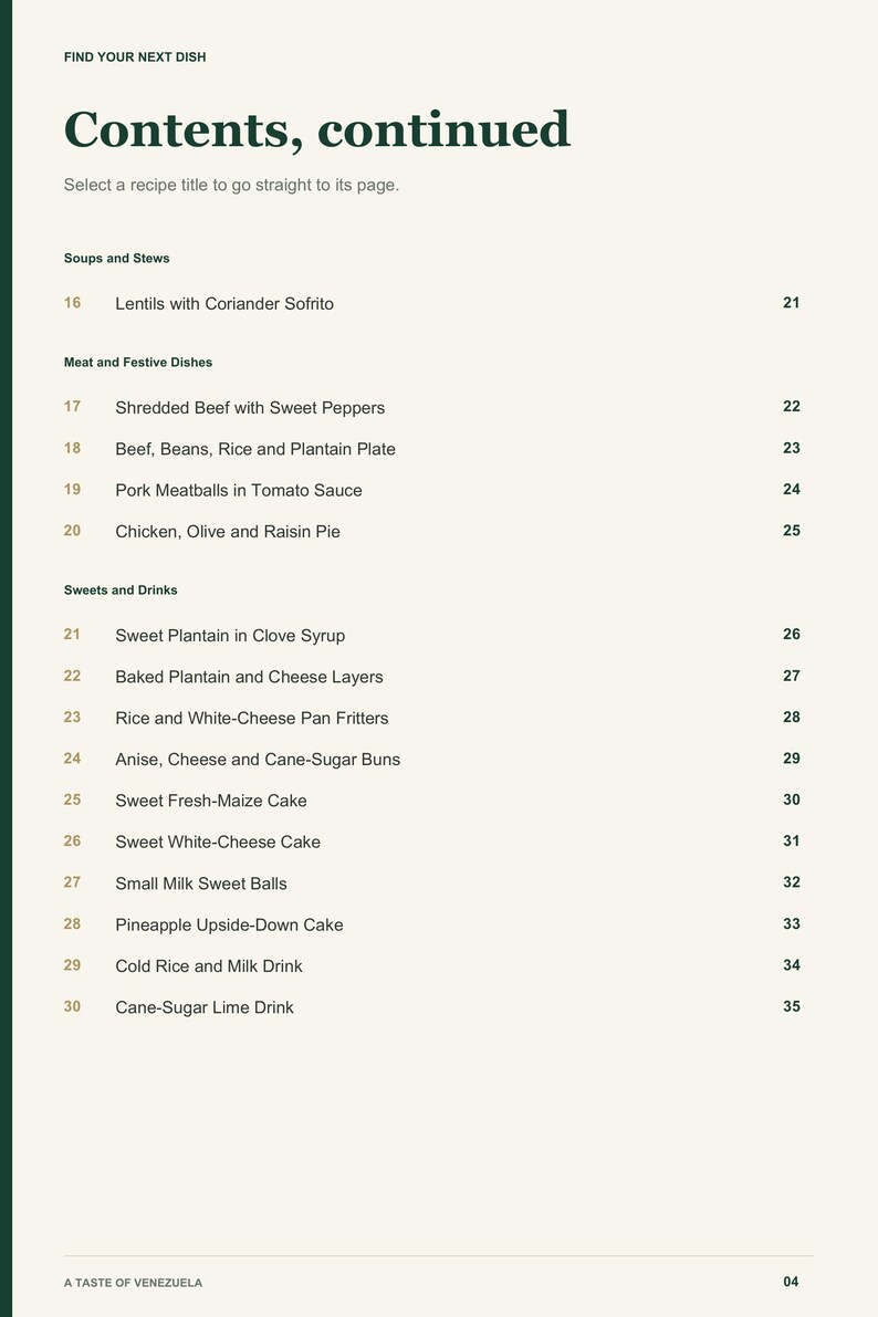 Actual PDF page 4 from A Taste of Venezuela: Contents, page 2.