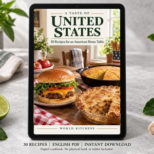 Digital cookbook mockup displaying the actual A Taste of United States cover. English PDF download only; no tablet or physical book included.