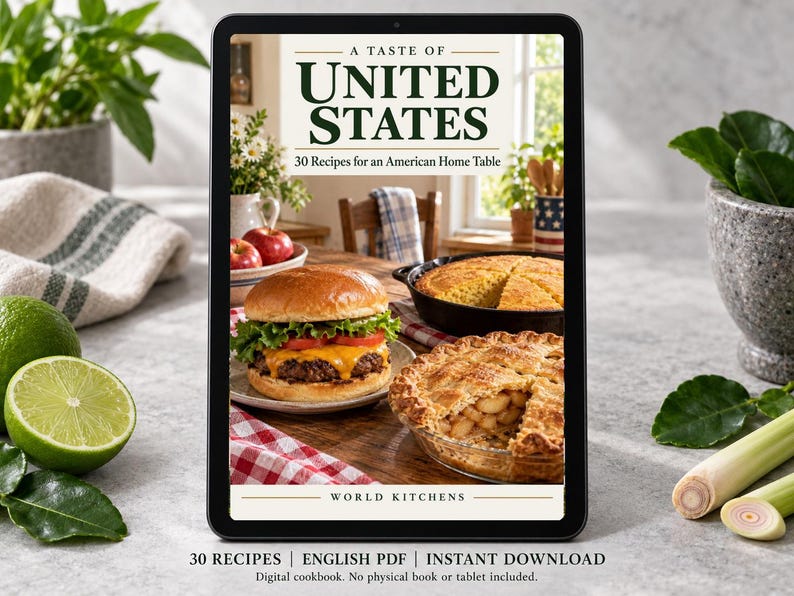 Digital cookbook mockup displaying the actual A Taste of United States cover. English PDF download only; no tablet or physical book included.