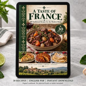 Digital cookbook mockup displaying the actual A Taste of France cover. English PDF download only; no tablet or physical book included.