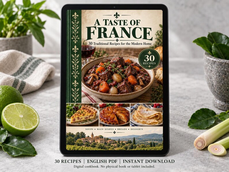 Digital cookbook mockup displaying the actual A Taste of France cover. English PDF download only; no tablet or physical book included.