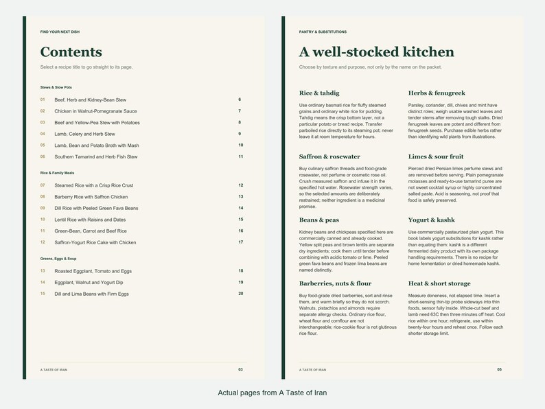 Actual contents and kitchen-notes pages from A Taste of Iran.