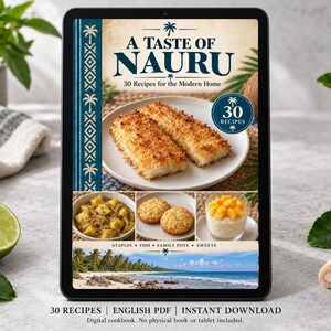 Digital cookbook mockup displaying the actual A Taste of Nauru cover. English PDF download only; no tablet or physical book included.