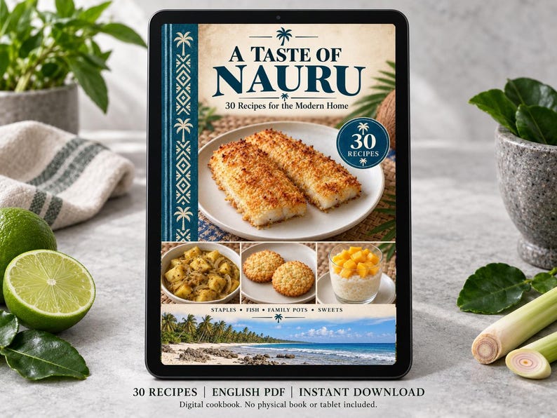 Digital cookbook mockup displaying the actual A Taste of Nauru cover. English PDF download only; no tablet or physical book included.