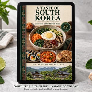 Digital cookbook mockup displaying the actual A Taste of South Korea cover. English PDF download only; no tablet or physical book included.