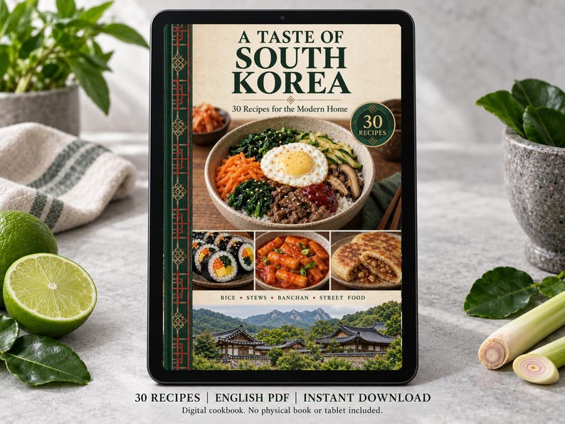 Digital cookbook mockup displaying the actual A Taste of South Korea cover. English PDF download only; no tablet or physical book included.