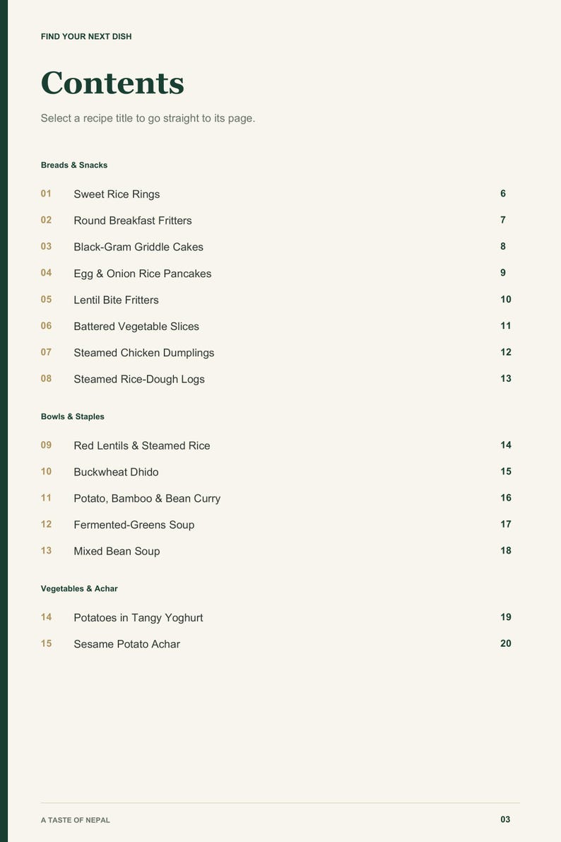Actual PDF page 3 from A Taste of Nepal: Contents, page 1.