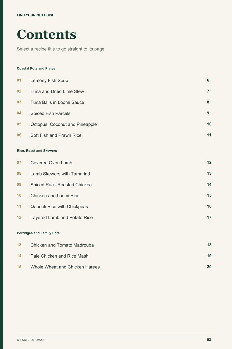 Actual PDF page 3 from A Taste of Oman: Contents, page 1.
