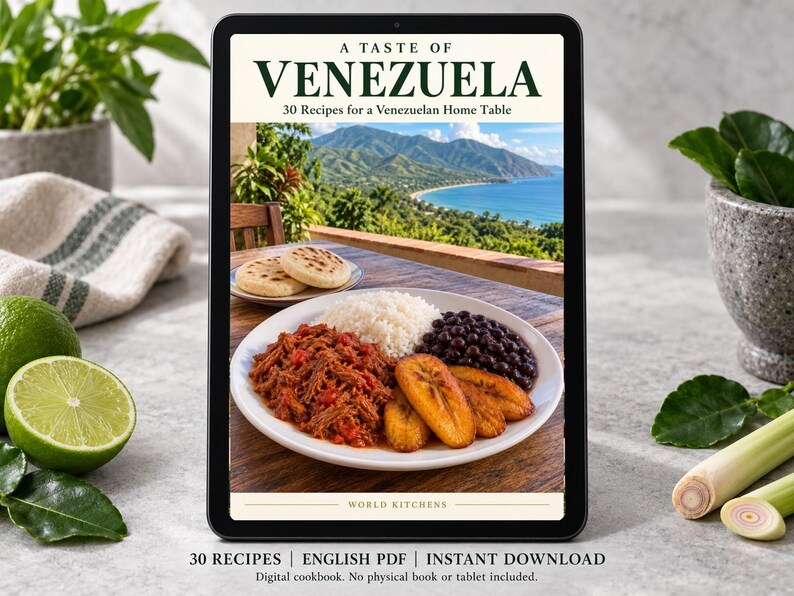 Digital cookbook mockup displaying the actual A Taste of Venezuela cover. English PDF download only; no tablet or physical book included.
