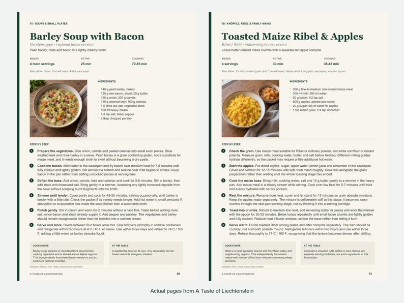 Two actual recipe pages from A Taste of Liechtenstein.