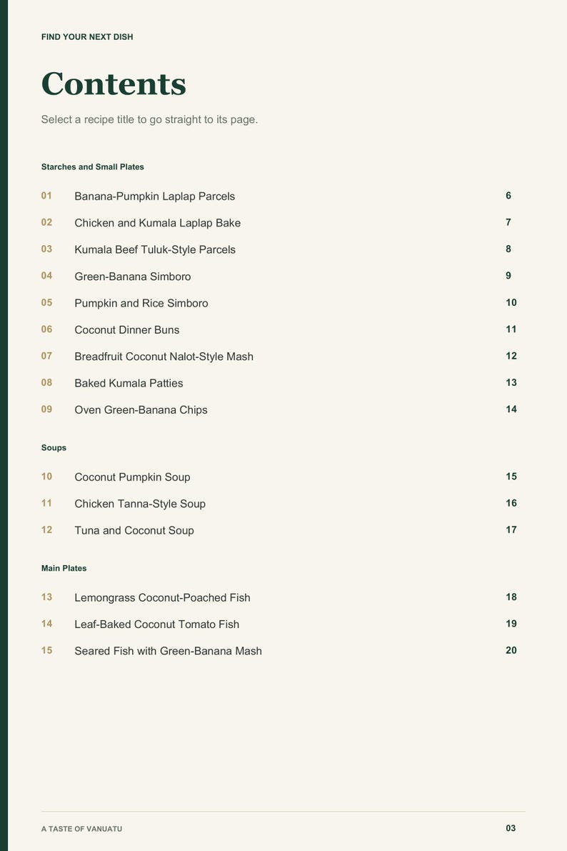 Actual PDF page 3 from A Taste of Vanuatu: Contents, page 1.