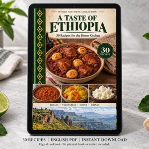 Digital cookbook mockup displaying the actual A Taste of Ethiopia cover. English PDF download only; no tablet or physical book included.