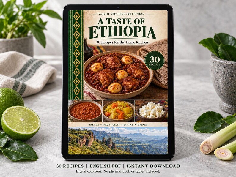 Digital cookbook mockup displaying the actual A Taste of Ethiopia cover. English PDF download only; no tablet or physical book included.