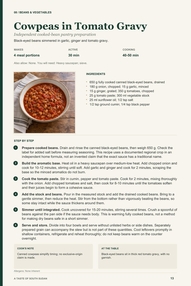 Actual PDF page 13 from A Taste of South Sudan: Cowpeas in Tomato Gravy recipe page.