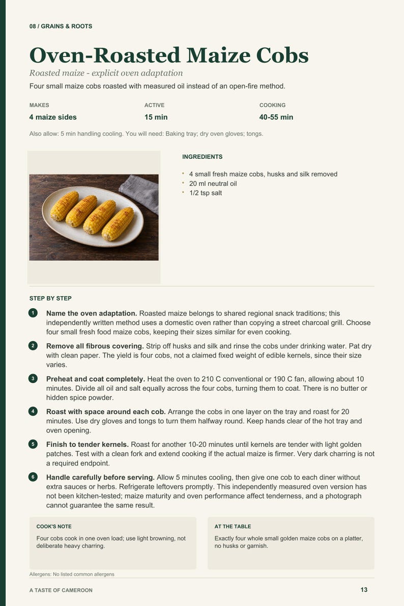 Actual PDF page 13 from A Taste of Cameroon: Oven-Roasted Maize Cobs recipe page.