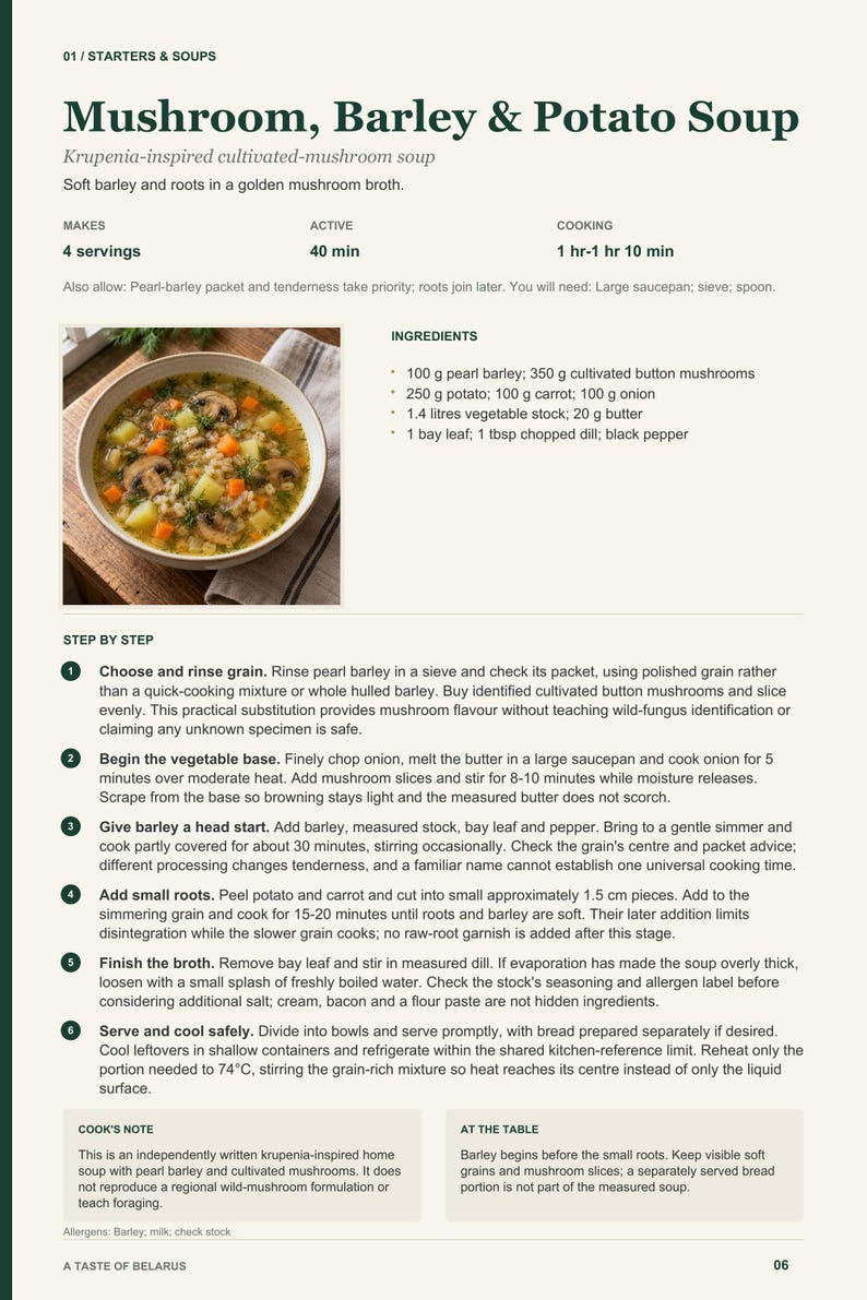 Actual PDF page 6 from A Taste of Belarus: Mushroom, Barley & Potato Soup recipe page.