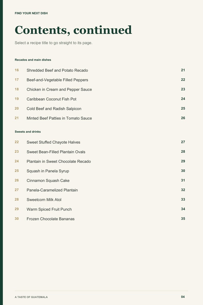 Actual PDF page 4 from A Taste of Guatemala: Contents, page 2.