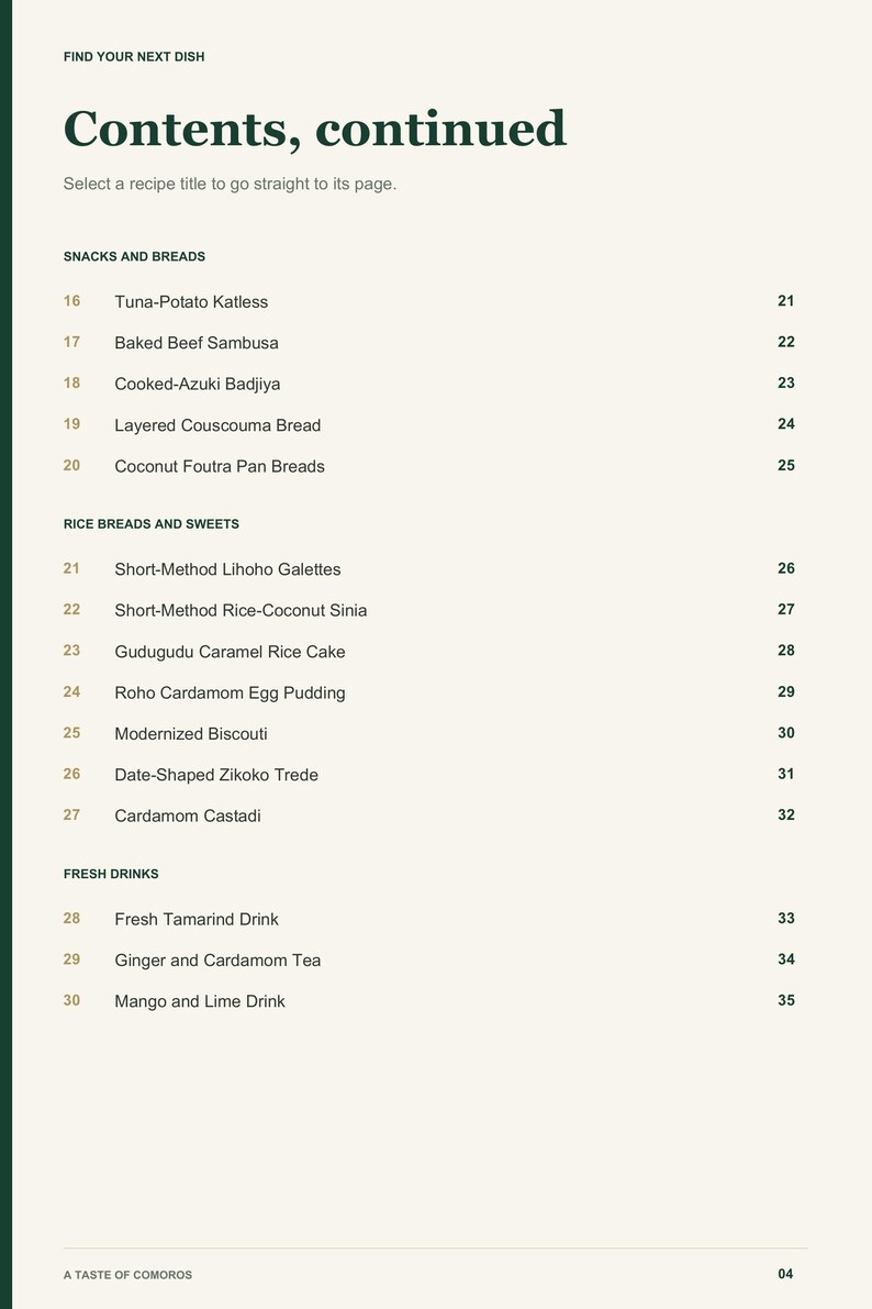 Actual PDF page 4 from A Taste of Comoros: Contents, page 2.
