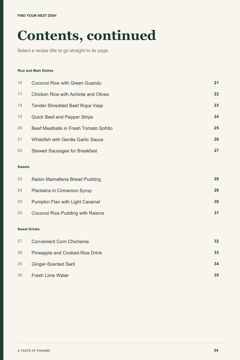 Actual PDF page 4 from A Taste of Panama: Contents, page 2.