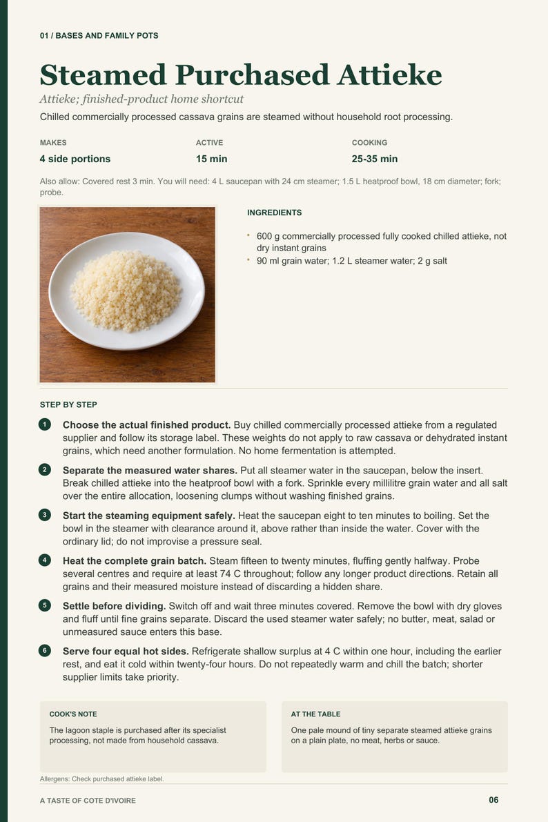 Actual PDF page 6 from A Taste of Cote d'Ivoire: Steamed Purchased Attieke recipe page.