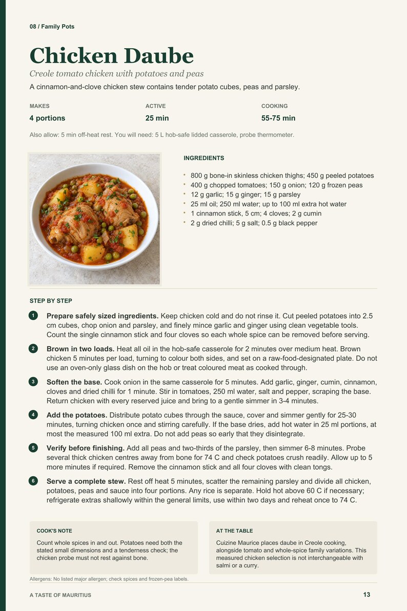 Actual PDF page 13 from A Taste of Mauritius: Chicken Daube recipe page.