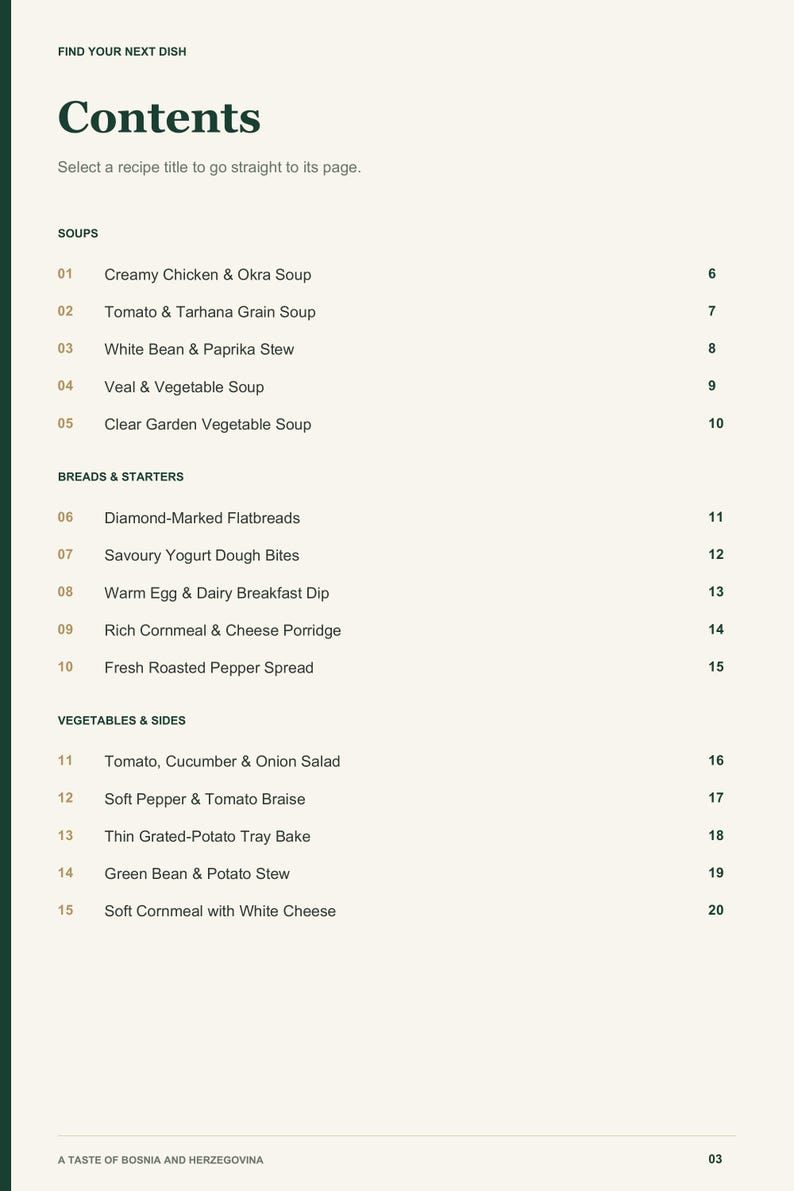 Actual PDF page 3 from A Taste of Bosnia and Herzegovina: Contents, page 1.