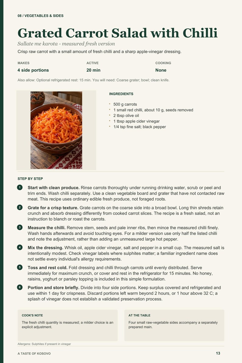 Actual PDF page 13 from A Taste of Kosovo: Grated Carrot Salad with Chilli recipe page.