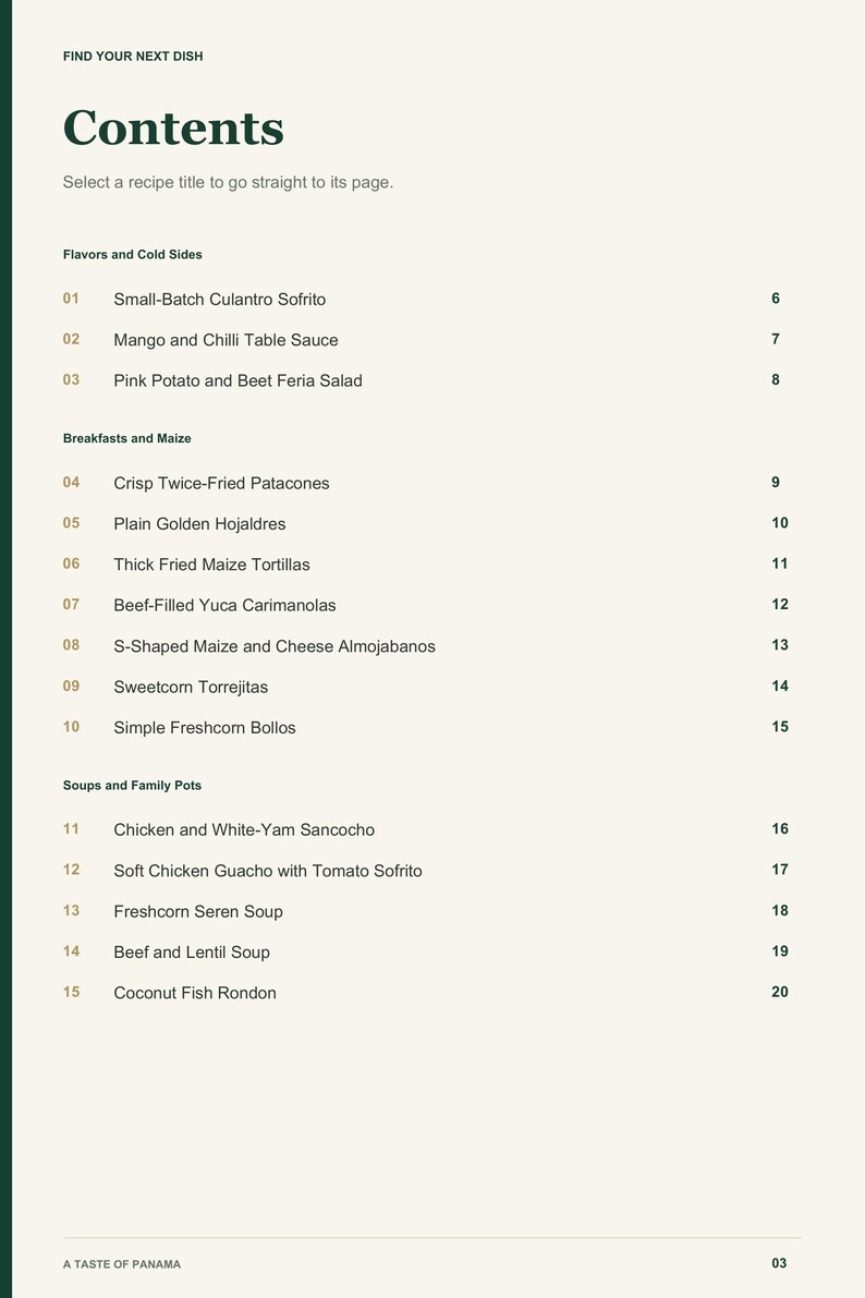 Actual PDF page 3 from A Taste of Panama: Contents, page 1.