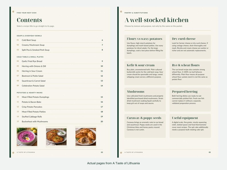Actual contents and kitchen-notes pages from A Taste of Lithuania.