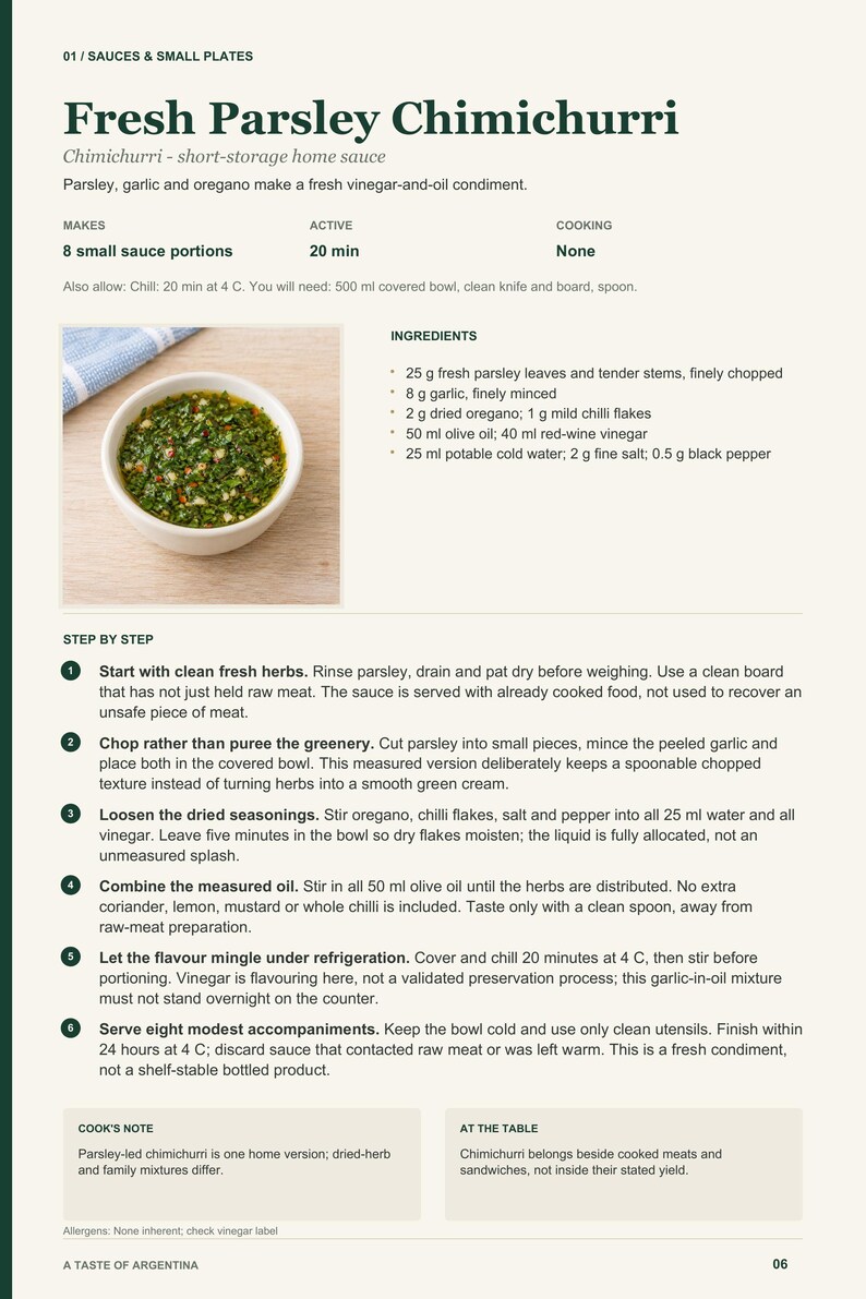 Actual PDF page 6 from A Taste of Argentina: Fresh Parsley Chimichurri recipe page.