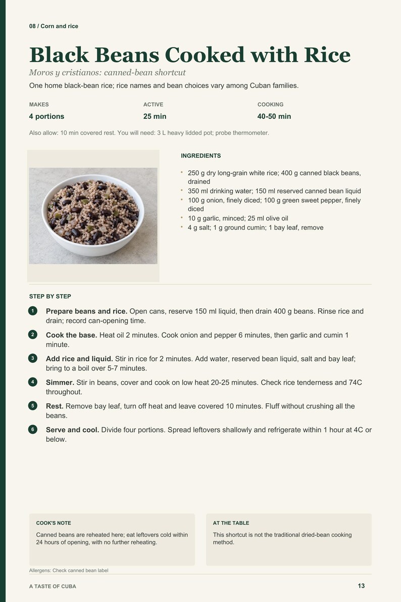 Actual PDF page 13 from A Taste of Cuba: Black Beans Cooked with Rice recipe page.