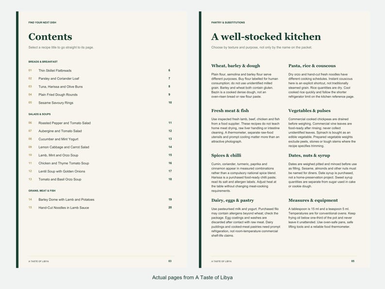 Actual contents and kitchen-notes pages from A Taste of Libya.