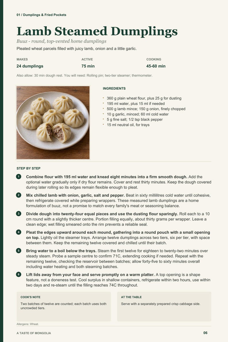 Actual PDF page 6 from A Taste of Mongolia: Lamb Steamed Dumplings recipe page.