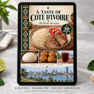 Digital cookbook mockup displaying the actual A Taste of Cote d'Ivoire cover. English PDF download only; no tablet or physical book included.