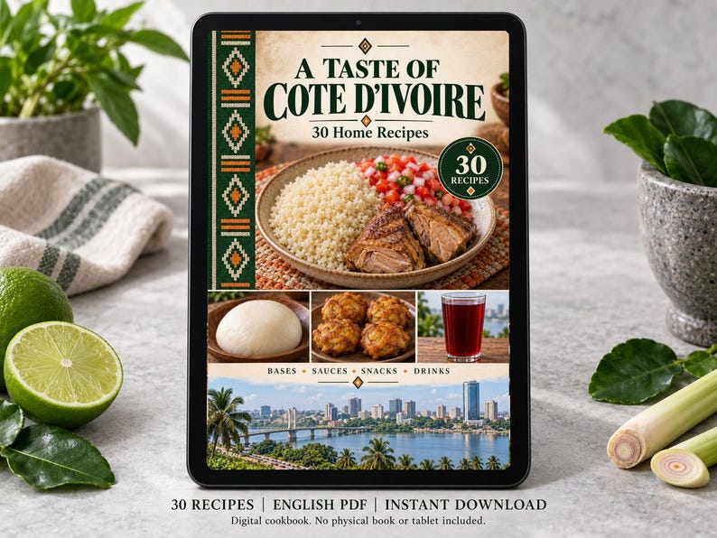 Digital cookbook mockup displaying the actual A Taste of Cote d'Ivoire cover. English PDF download only; no tablet or physical book included.