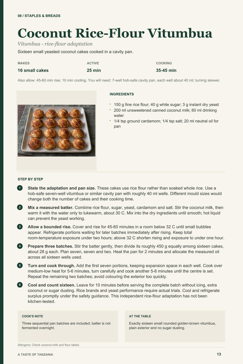 Actual PDF page 13 from A Taste of Tanzania: Coconut Rice-Flour Vitumbua recipe page.