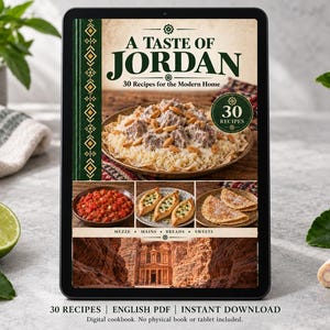 Digital cookbook mockup displaying the actual A Taste of Jordan cover. English PDF download only; no tablet or physical book included.