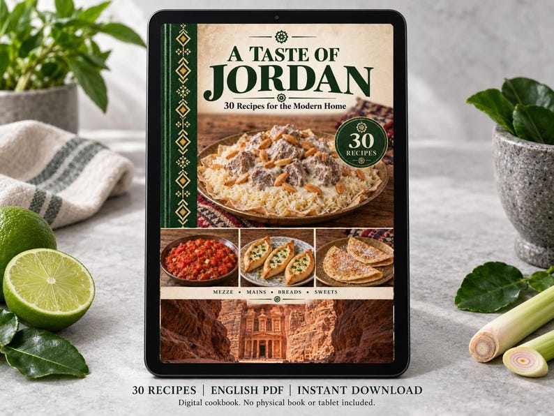 Digital cookbook mockup displaying the actual A Taste of Jordan cover. English PDF download only; no tablet or physical book included.