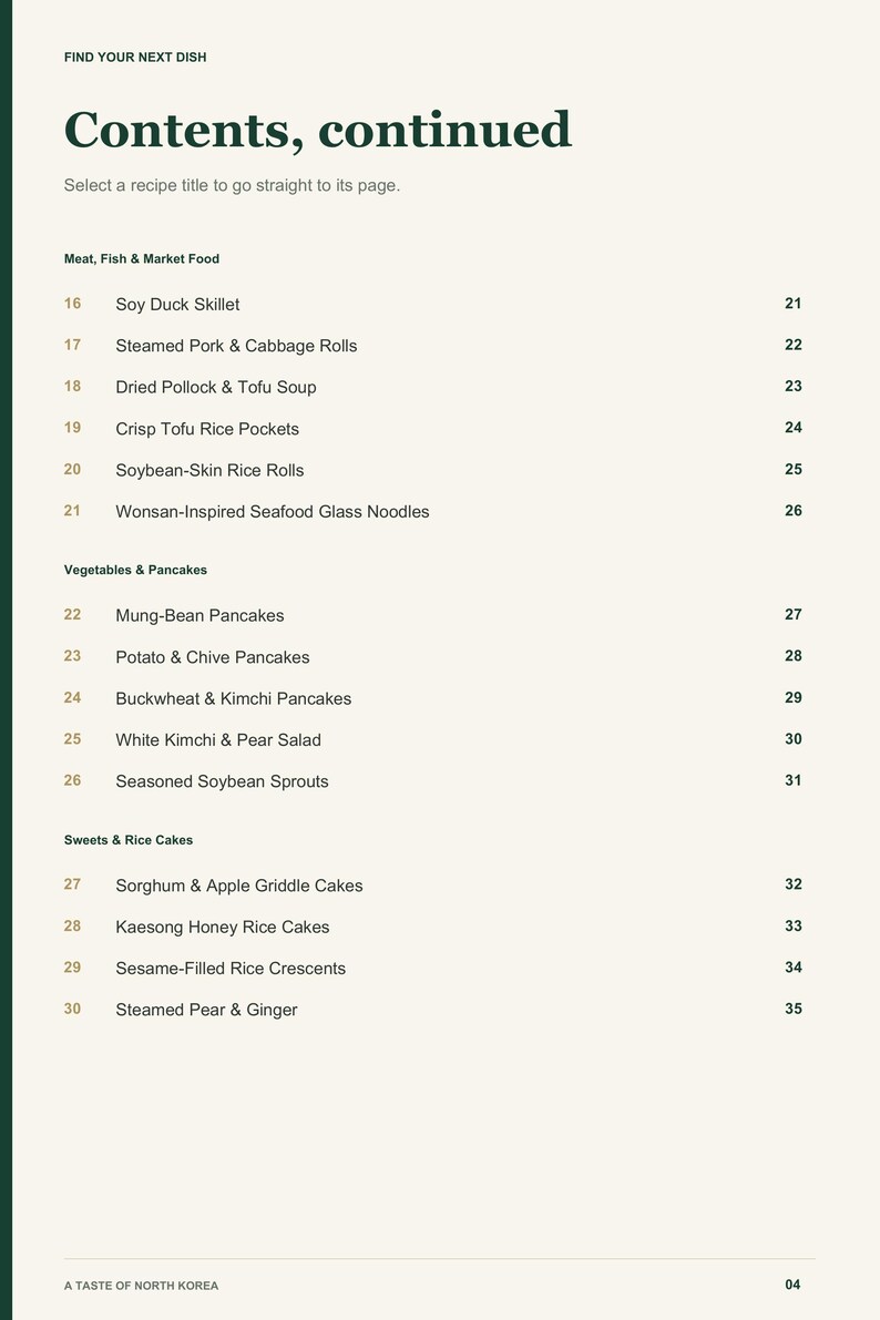 Actual PDF page 4 from A Taste of North Korea: Contents, page 2.