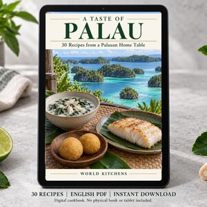 Digital cookbook mockup displaying the actual A Taste of Palau cover. English PDF download only; no tablet or physical book included.