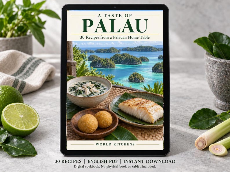 Digital cookbook mockup displaying the actual A Taste of Palau cover. English PDF download only; no tablet or physical book included.