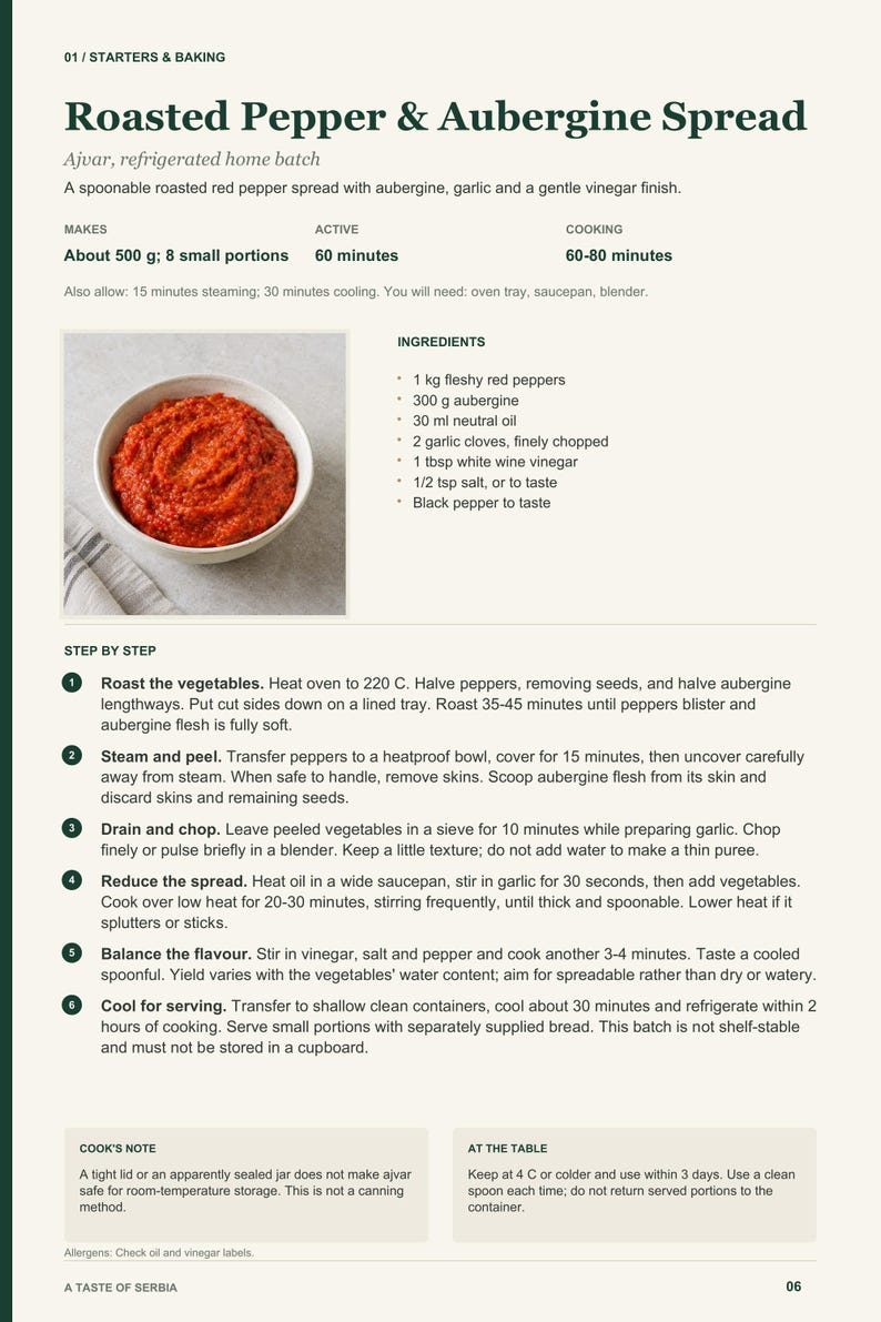 Actual PDF page 6 from A Taste of Serbia: Roasted Pepper & Aubergine Spread recipe page.