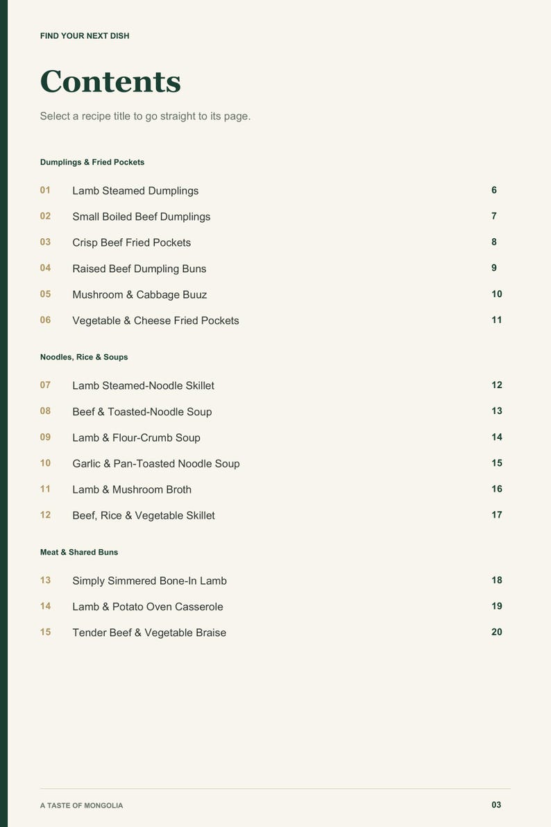 Actual PDF page 3 from A Taste of Mongolia: Contents, page 1.