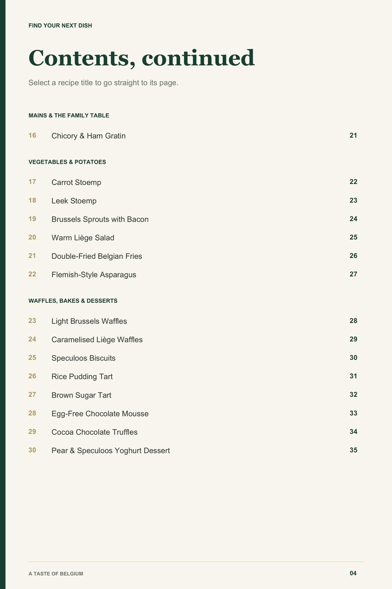 Actual PDF page 4 from A Taste of Belgium: Contents, page 2.