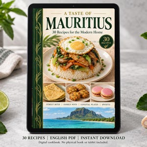 Digital cookbook mockup displaying the actual A Taste of Mauritius cover. English PDF download only; no tablet or physical book included.