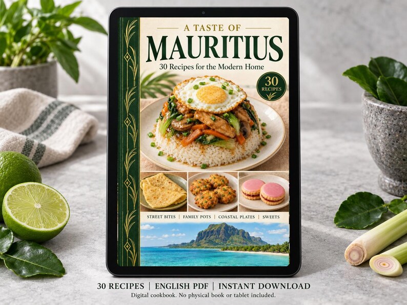 Digital cookbook mockup displaying the actual A Taste of Mauritius cover. English PDF download only; no tablet or physical book included.